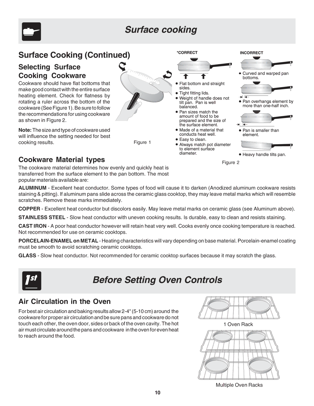 Frigidaire 318200439 Surface cooking, Before Setting Oven Controls, Selecting Surface Cooking Cookware 