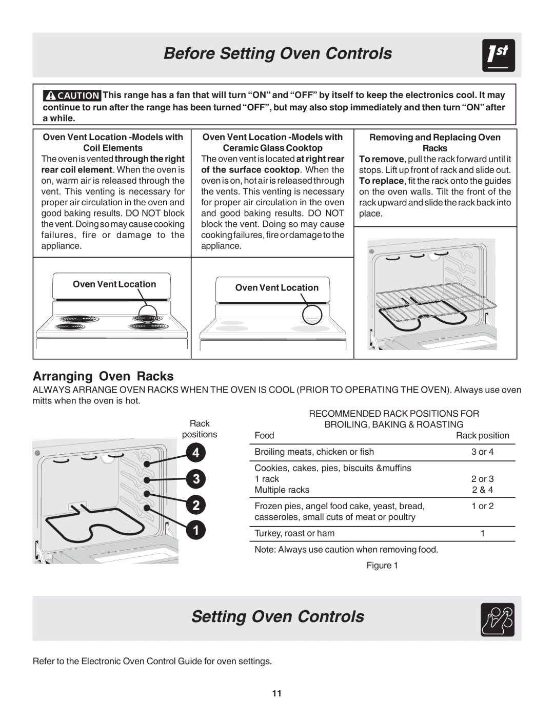 Frigidaire 318200439 Setting Oven Controls, Arranging Oven Racks, Oven Vent Location -Models with Ceramic Glass Cooktop 