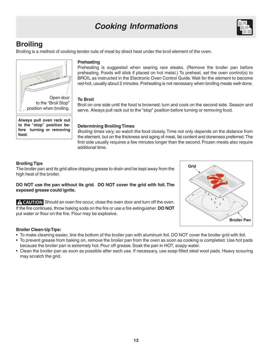 Frigidaire 318200439 Preheating, To Broil, Determining Broiling Times, Broiling Tips, Broiler Clean-Up Tips 