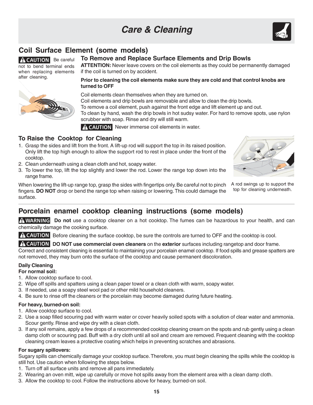 Frigidaire 318200439 Coil Surface Element some models, Porcelain enamel cooktop cleaning instructions some models 