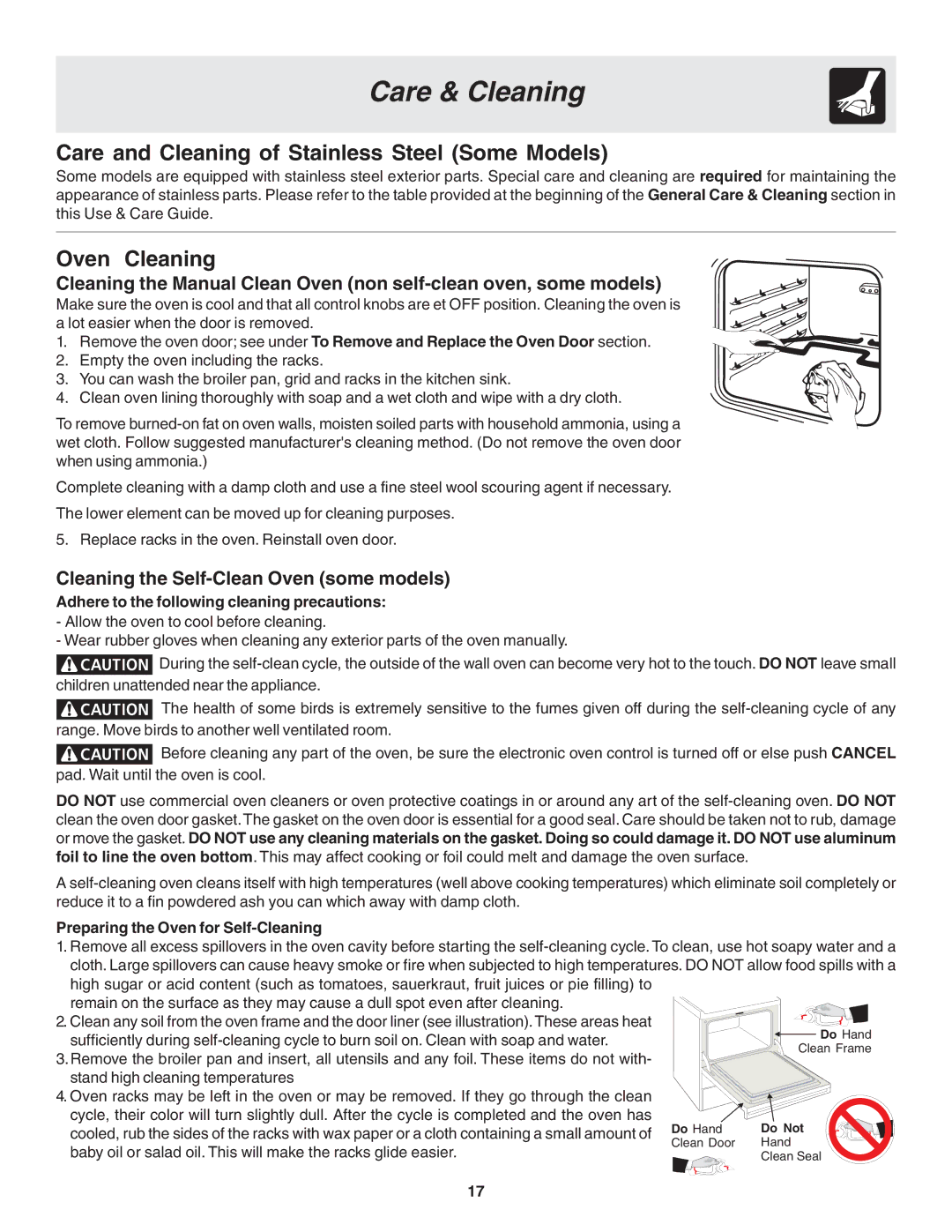 Frigidaire 318200439 Care and Cleaning of Stainless Steel Some Models, Oven Cleaning, Preparing the Oven for Self-Cleaning 