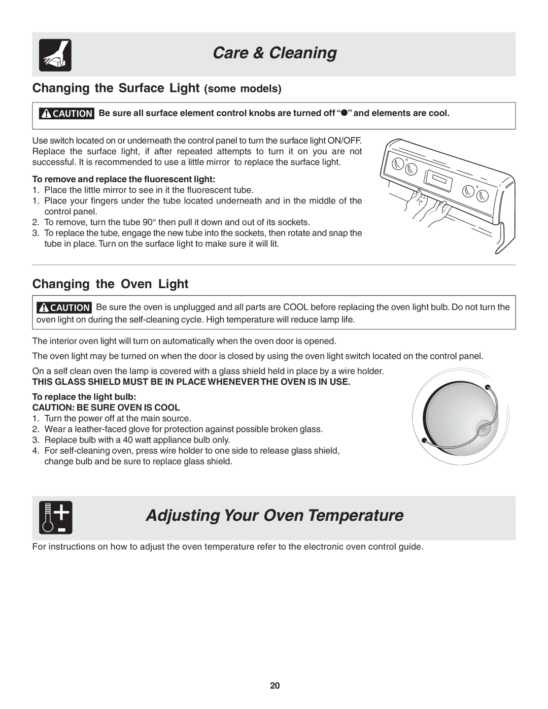 Frigidaire 318200439 Adjusting Your Oven Temperature, Changing the Surface Light some models, Changing the Oven Light 