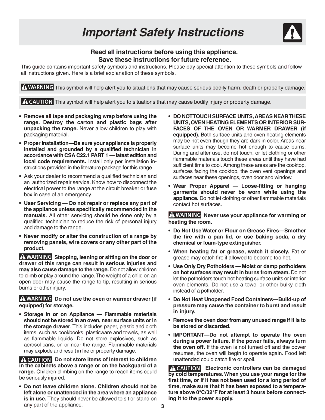 Frigidaire 318200439 installation instructions Important Safety Instructions 