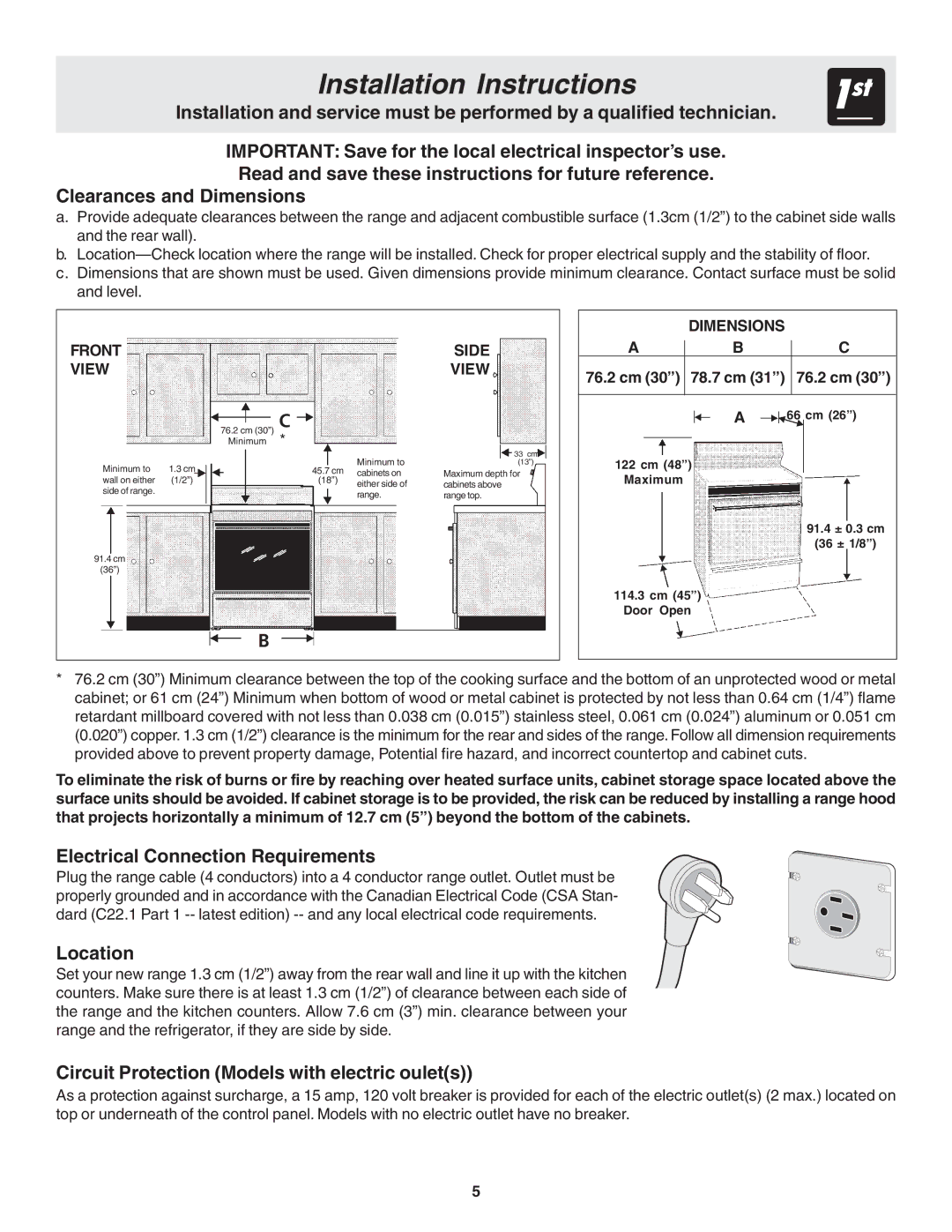 Frigidaire 318200439 installation instructions Installation Instructions, Electrical Connection Requirements, Location 