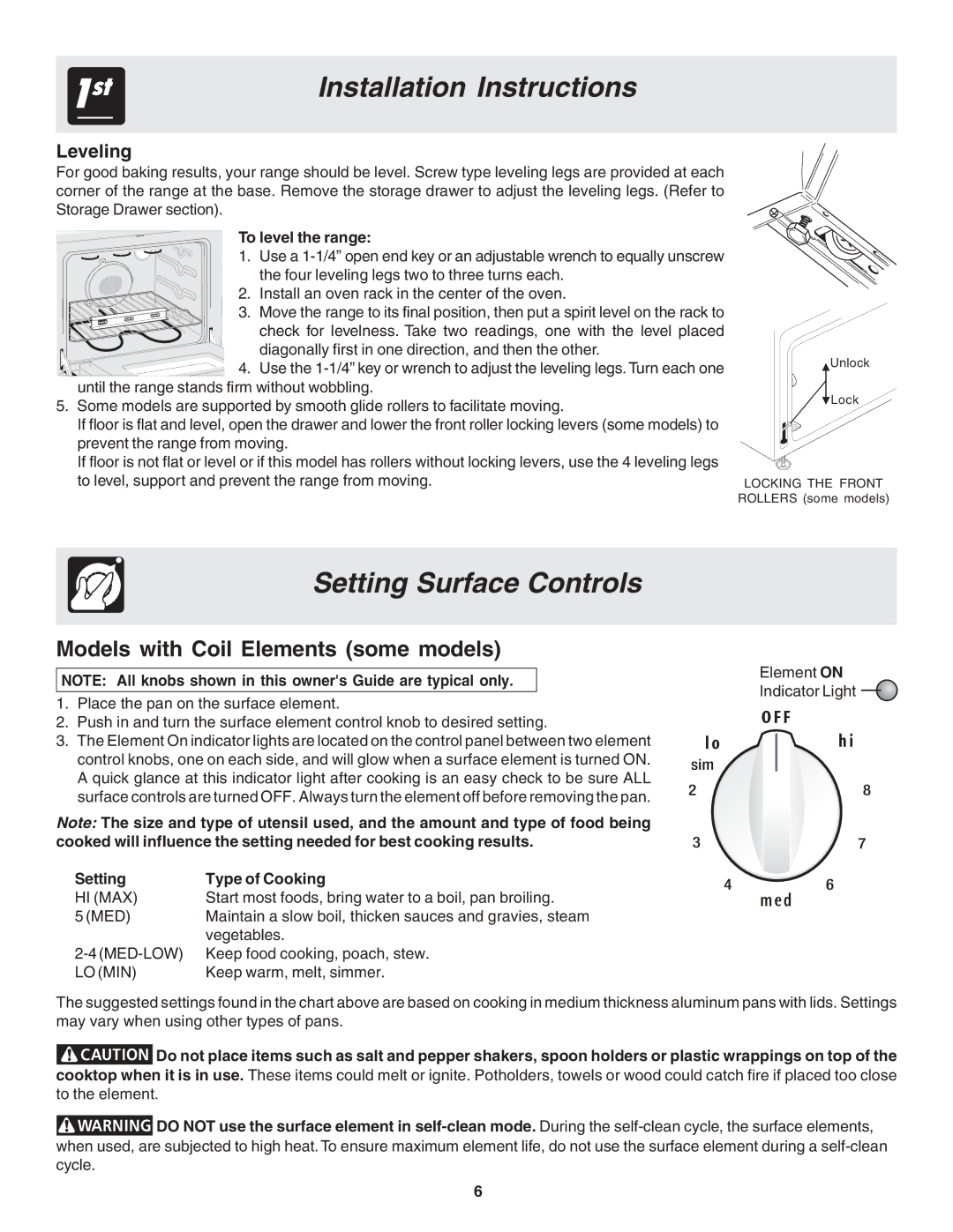 Frigidaire 318200439 Setting Surface Controls, Models with Coil Elements some models, Leveling, To level the range 