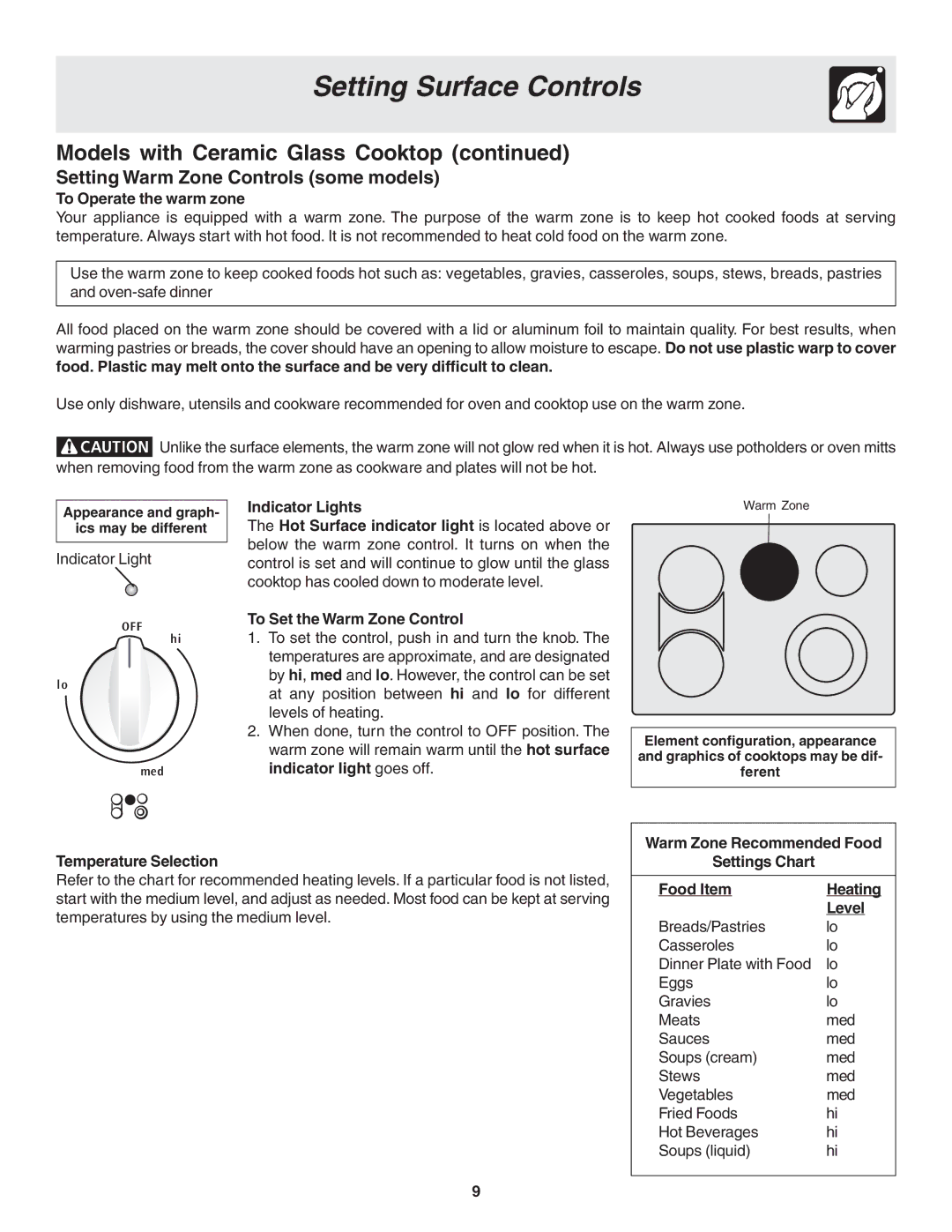 Frigidaire 318200439 Setting Warm Zone Controls some models, To Operate the warm zone, Temperature Selection, Level 