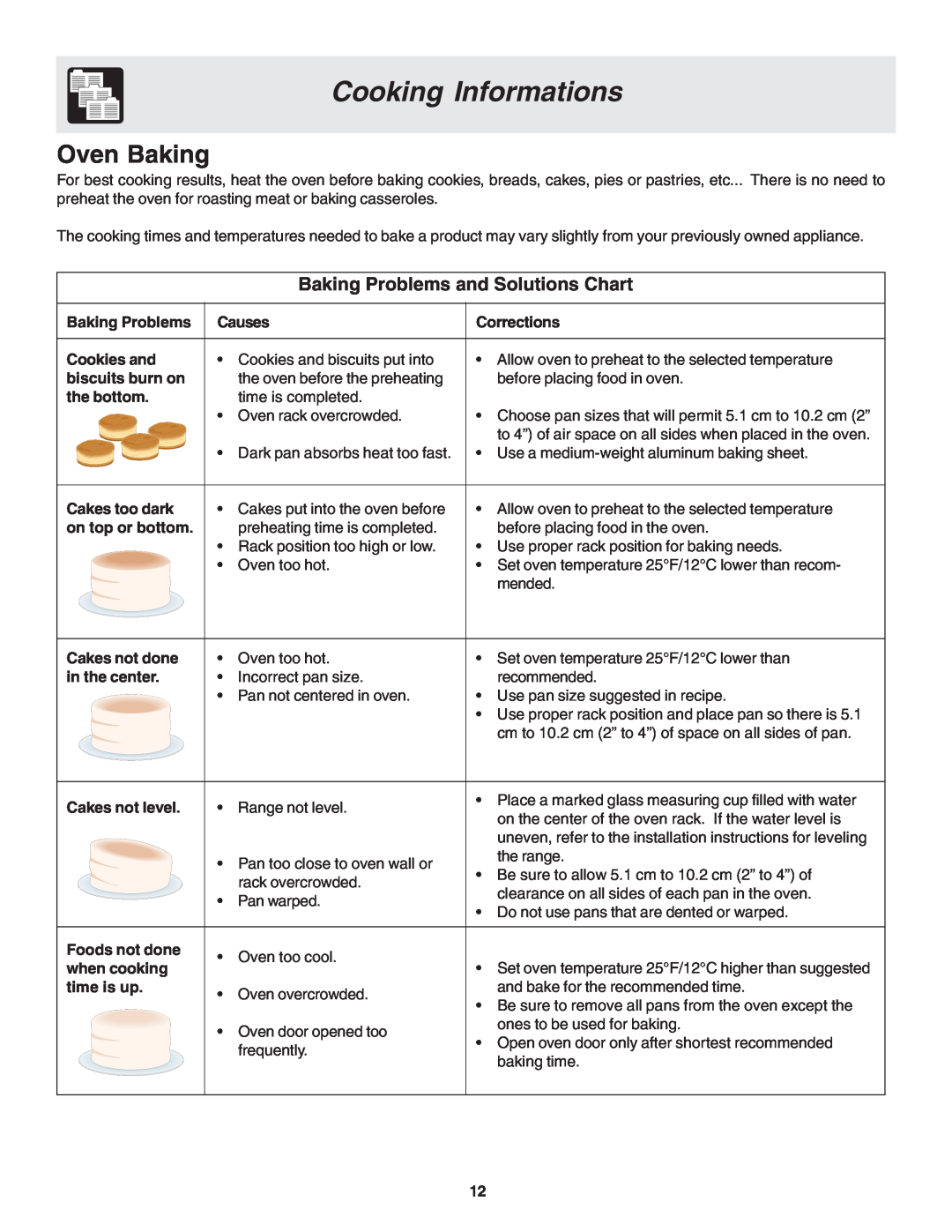 Frigidaire 318200439 Cooking Informations, Oven Baking, Baking Problems and Solutions Chart, Causes, Corrections 