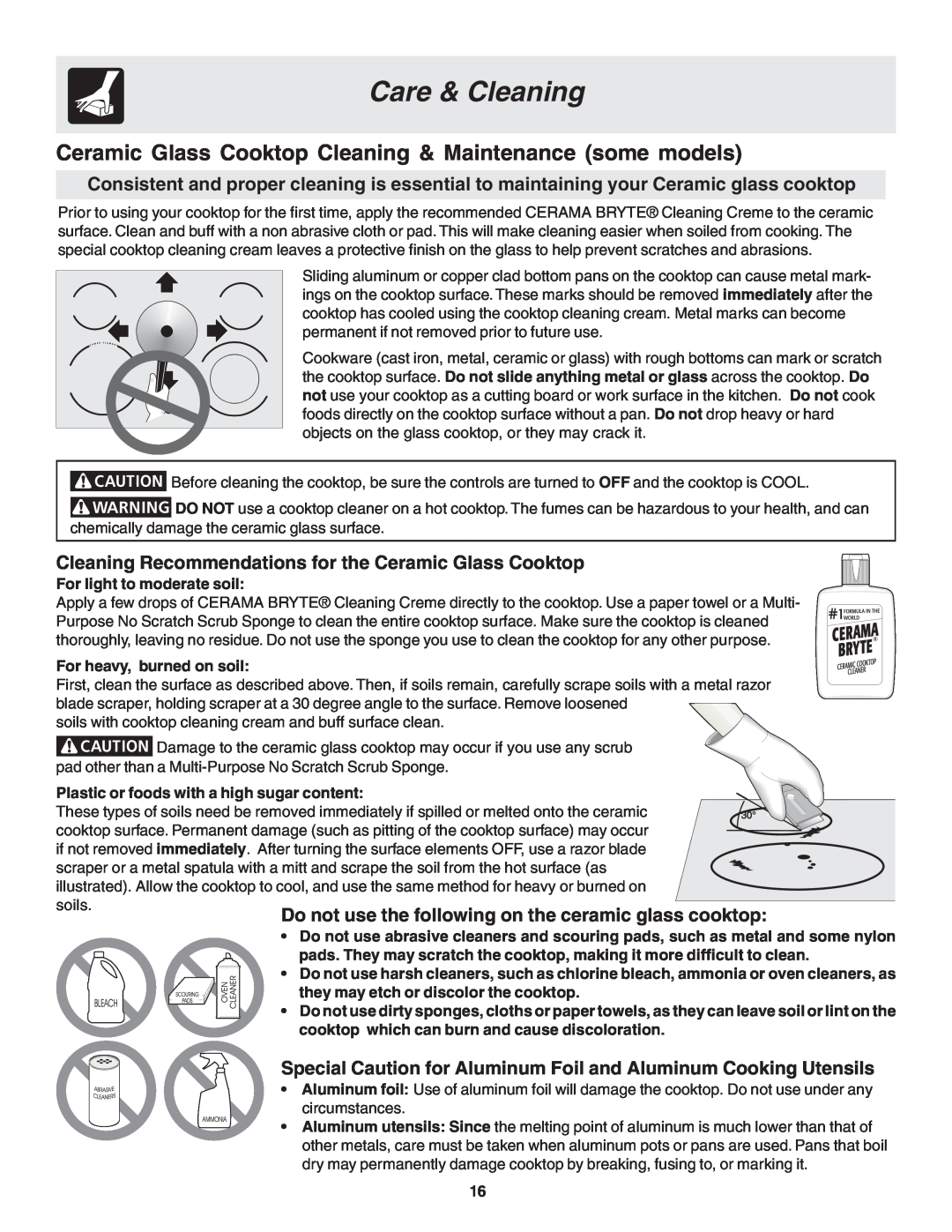 Frigidaire 318200439 Care & Cleaning, Cleaning Recommendations for the Ceramic Glass Cooktop, For light to moderate soil 
