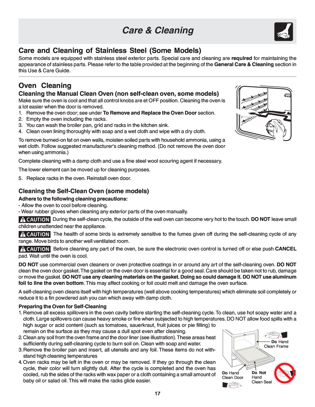 Frigidaire 318200439 Care & Cleaning, Cleaning the Manual Clean Oven non self-clean oven, some models 