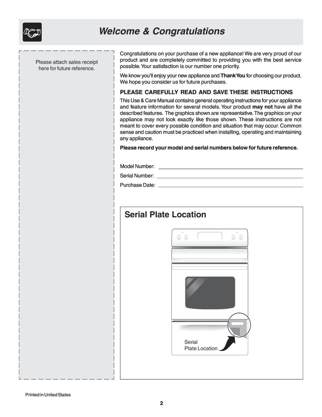 Frigidaire 318200439 Welcome & Congratulations, Serial Plate Location, Please Carefully Read And Save These Instructions 