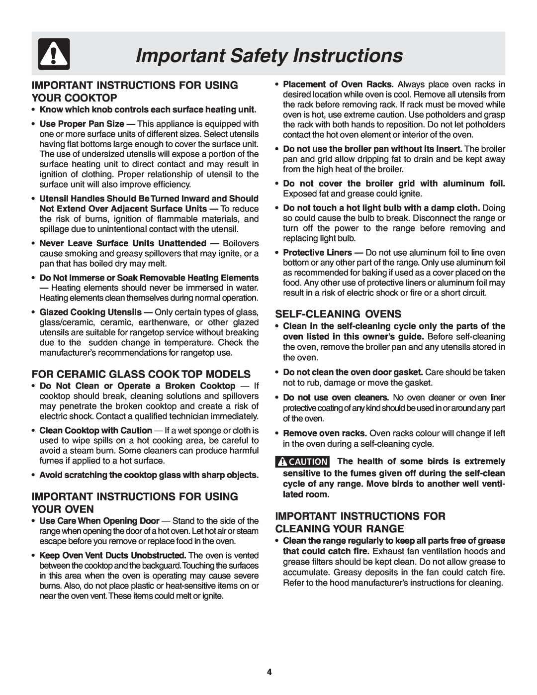 Frigidaire 318200439 Important Safety Instructions, Important Instructions For Using Your Cooktop, Self-Cleaning Ovens 