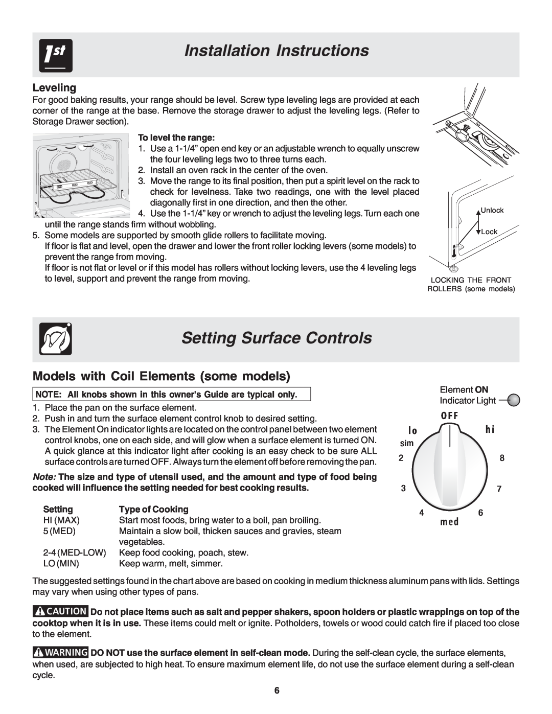 Frigidaire 318200439 Setting Surface Controls, Installation Instructions, Leveling, To level the range, Type of Cooking 