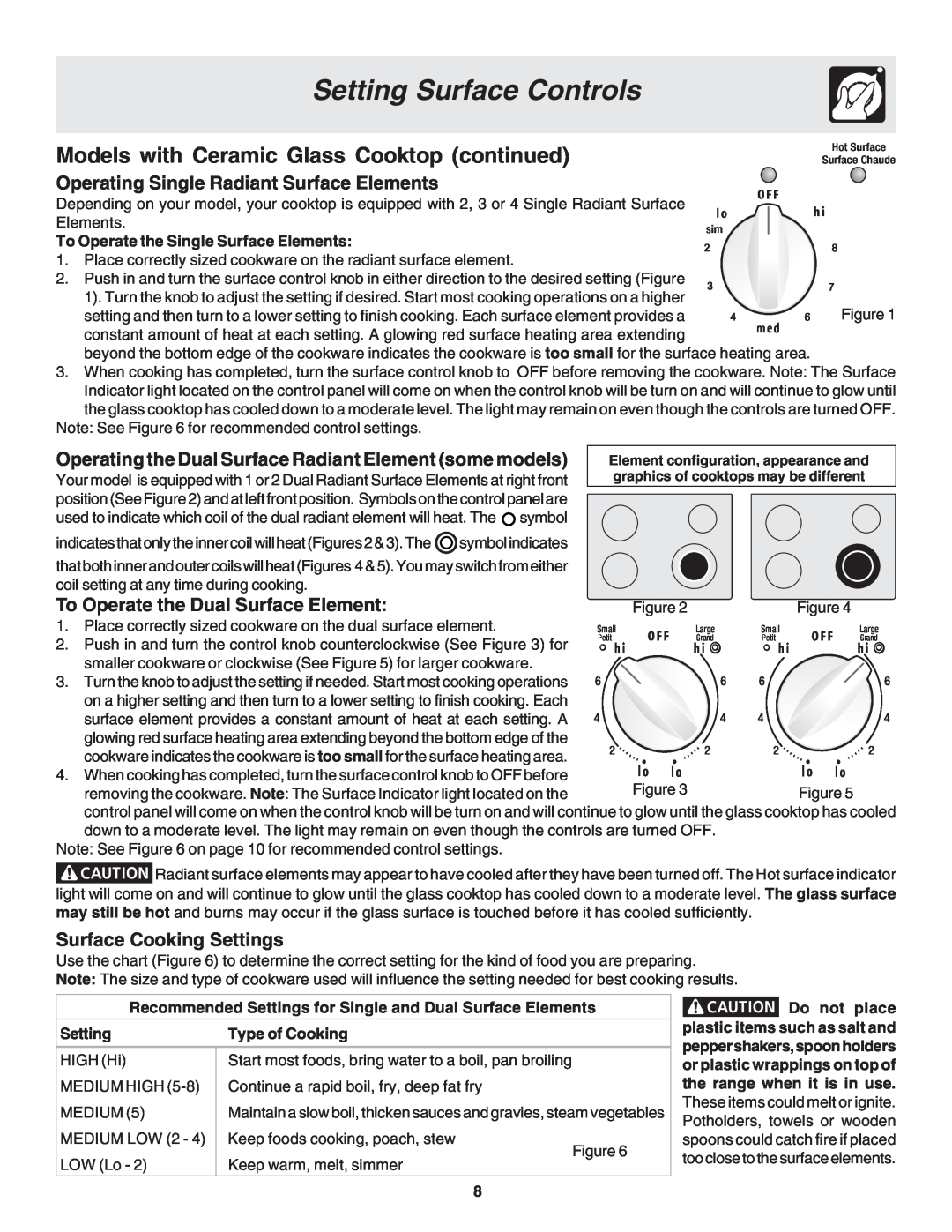 Frigidaire 318200439 Setting Surface Controls, Operating Single Radiant Surface Elements, Surface Cooking Settings 
