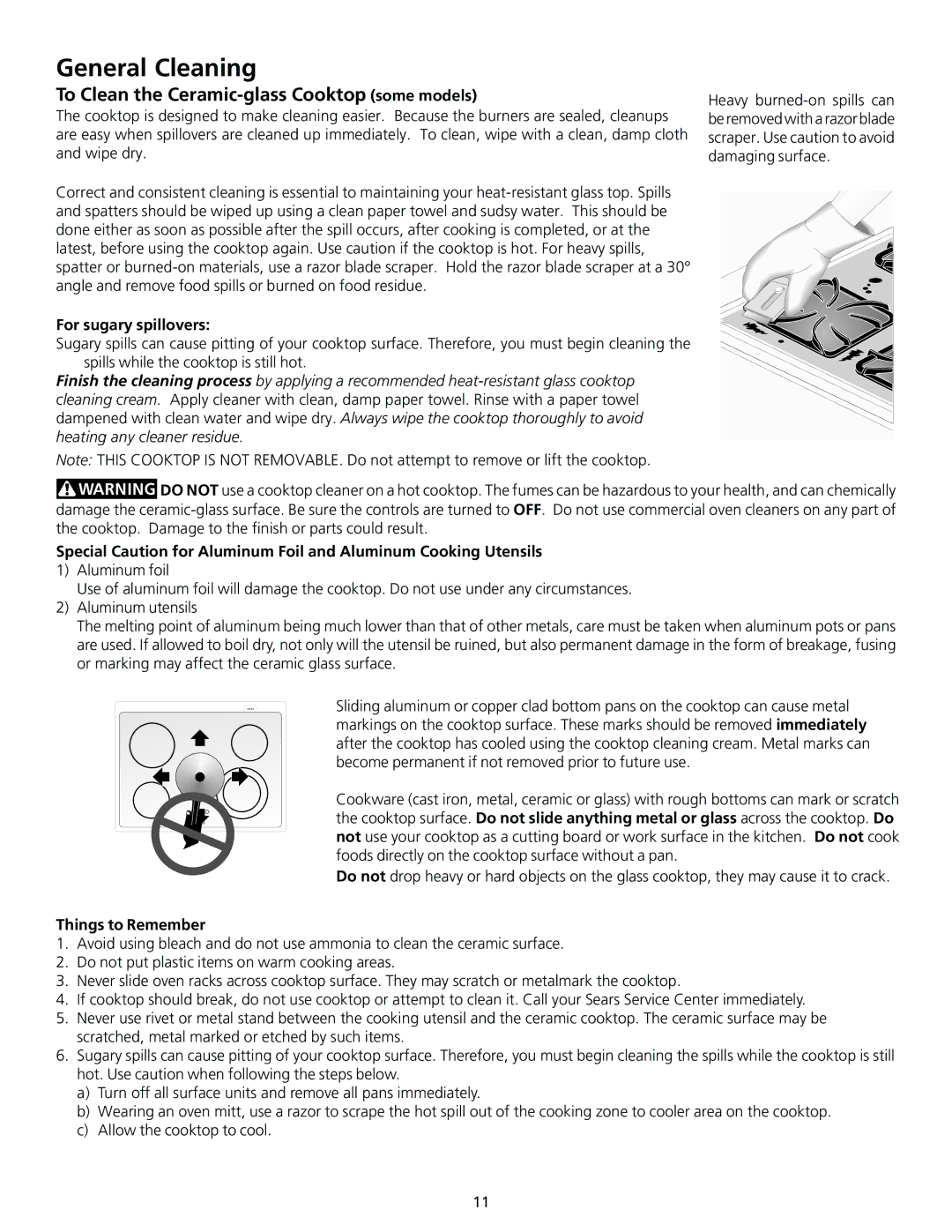 Frigidaire 318200563 To Clean the Ceramic-glass Cooktop some models, For sugary spillovers, Things to Remember 