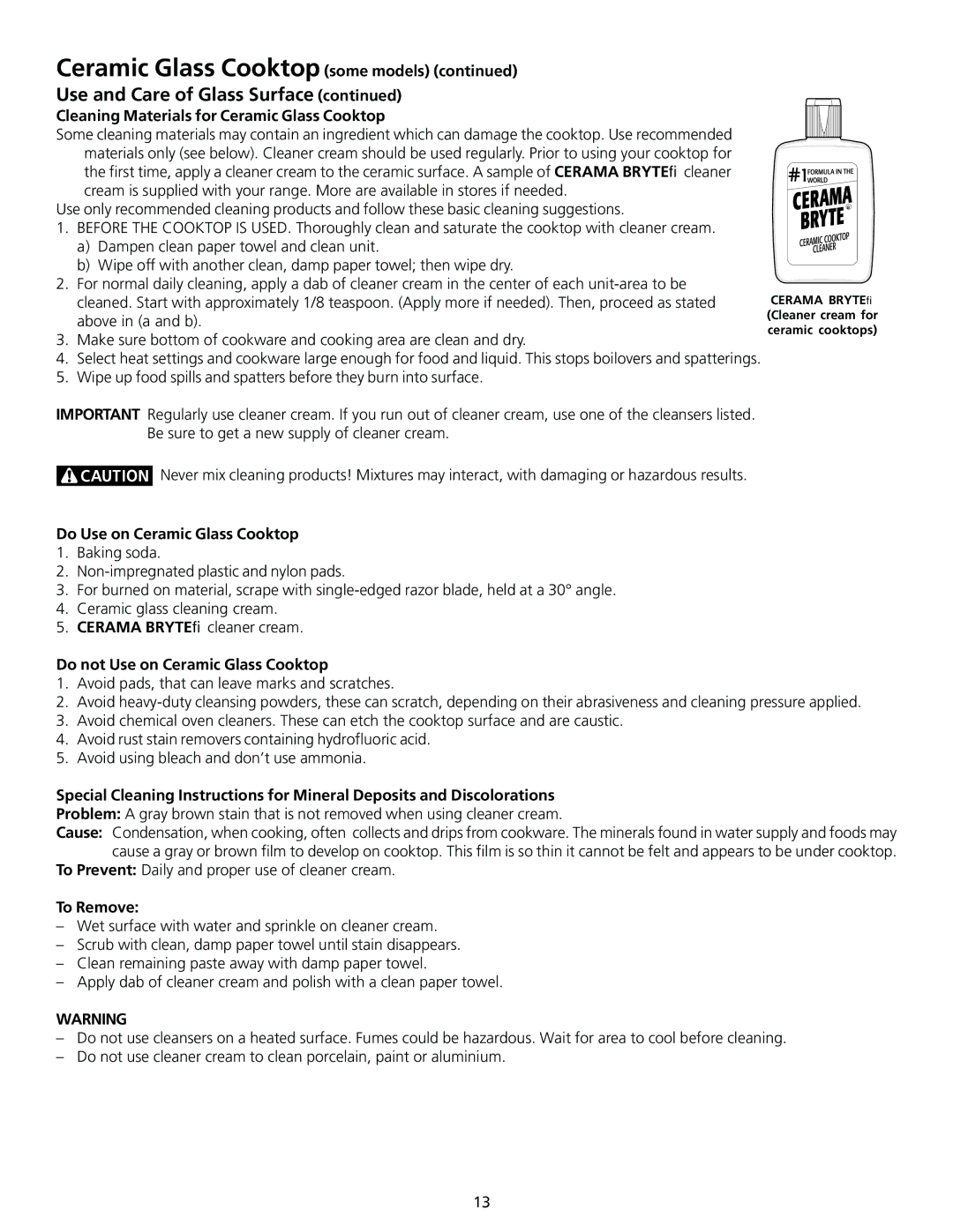 Frigidaire 318200563 important safety instructions Use and Care of Glass Surface 