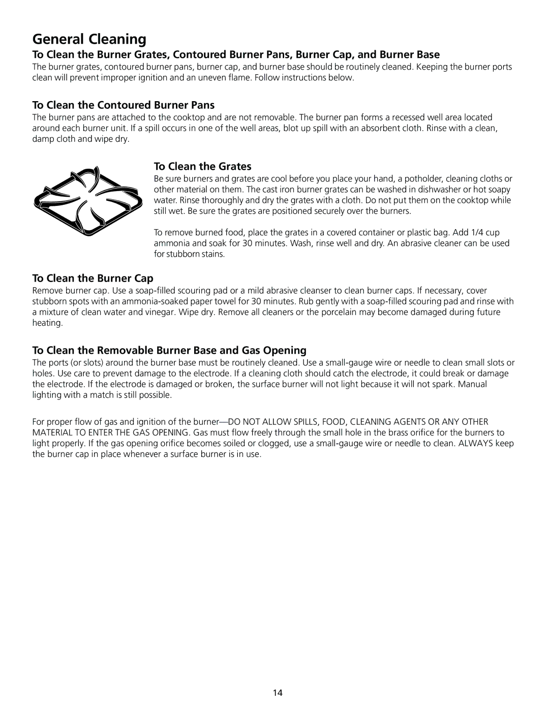 Frigidaire 318200563 To Clean the Contoured Burner Pans, To Clean the Grates, To Clean the Burner Cap 