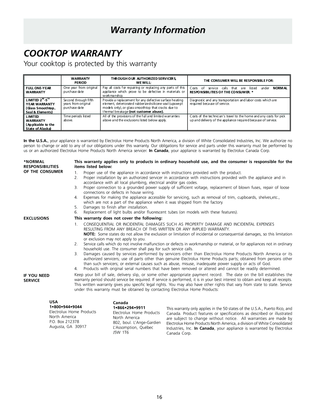 Frigidaire 318200563 important safety instructions Cooktop Warranty 