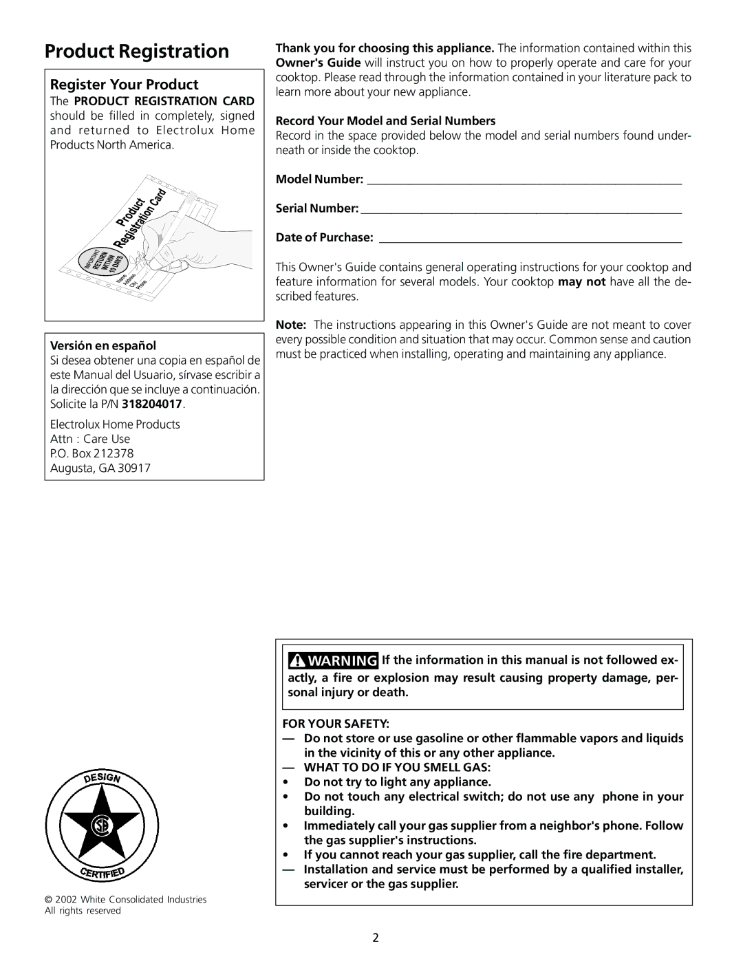 Frigidaire 318200563 Product Registration, Register Your Product, Model Number Serial Number Date of Purchase 