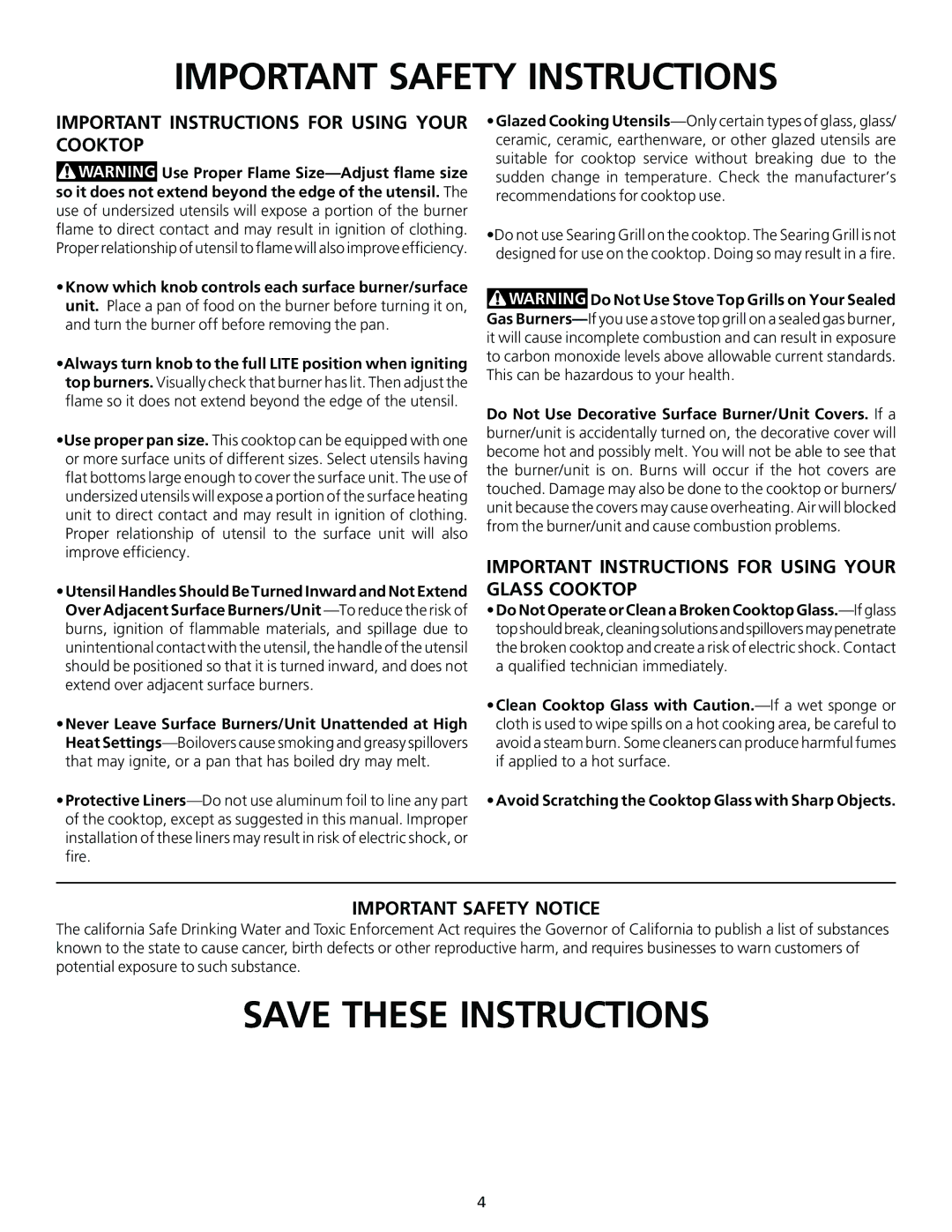 Frigidaire 318200563 important safety instructions Important Instructions for Using Your Cooktop 