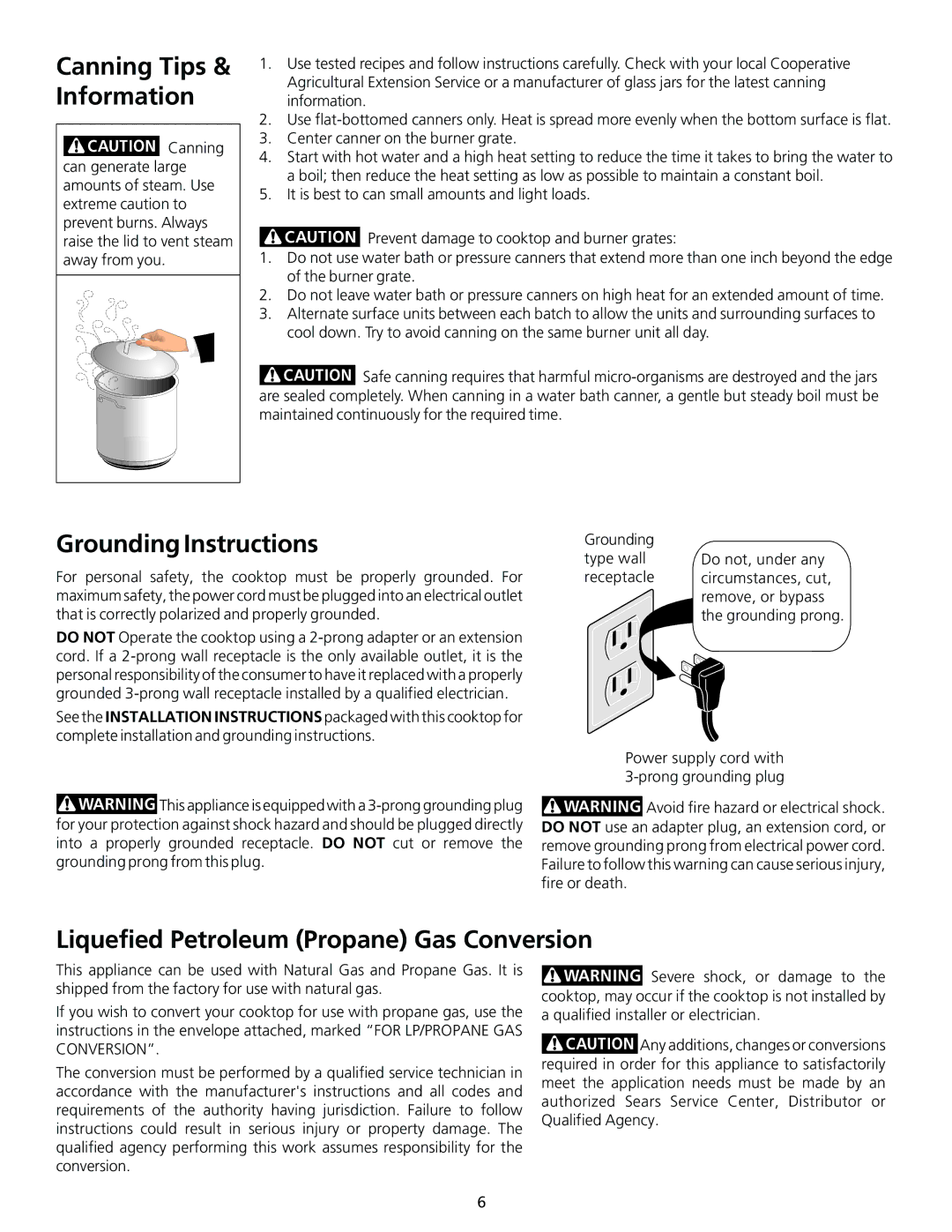 Frigidaire 318200563 Canning Tips & Information, Grounding Instructions, Liquefied Petroleum Propane Gas Conversion 