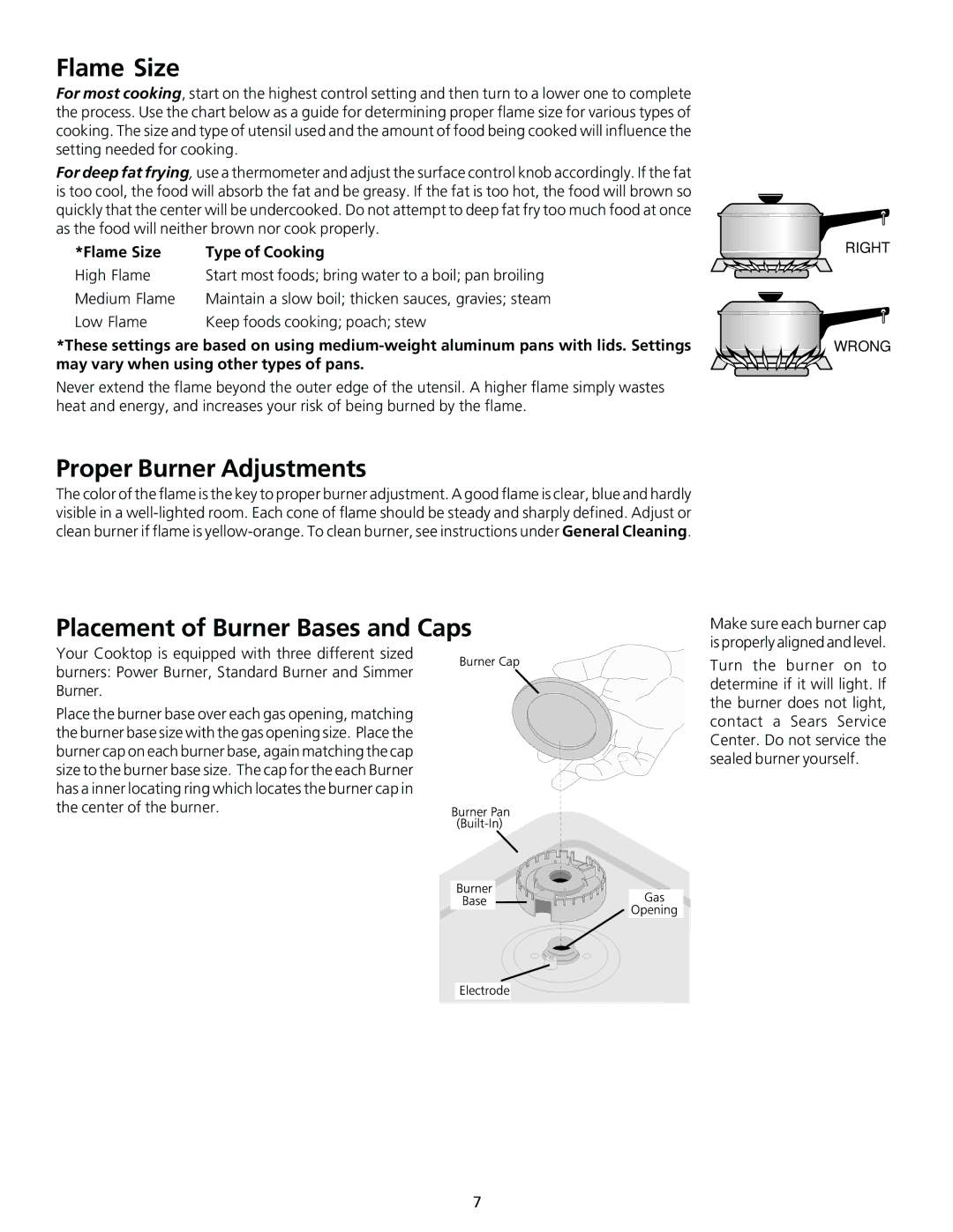 Frigidaire 318200563 Proper Burner Adjustments, Placement of Burner Bases and Caps, Flame Size Type of Cooking 