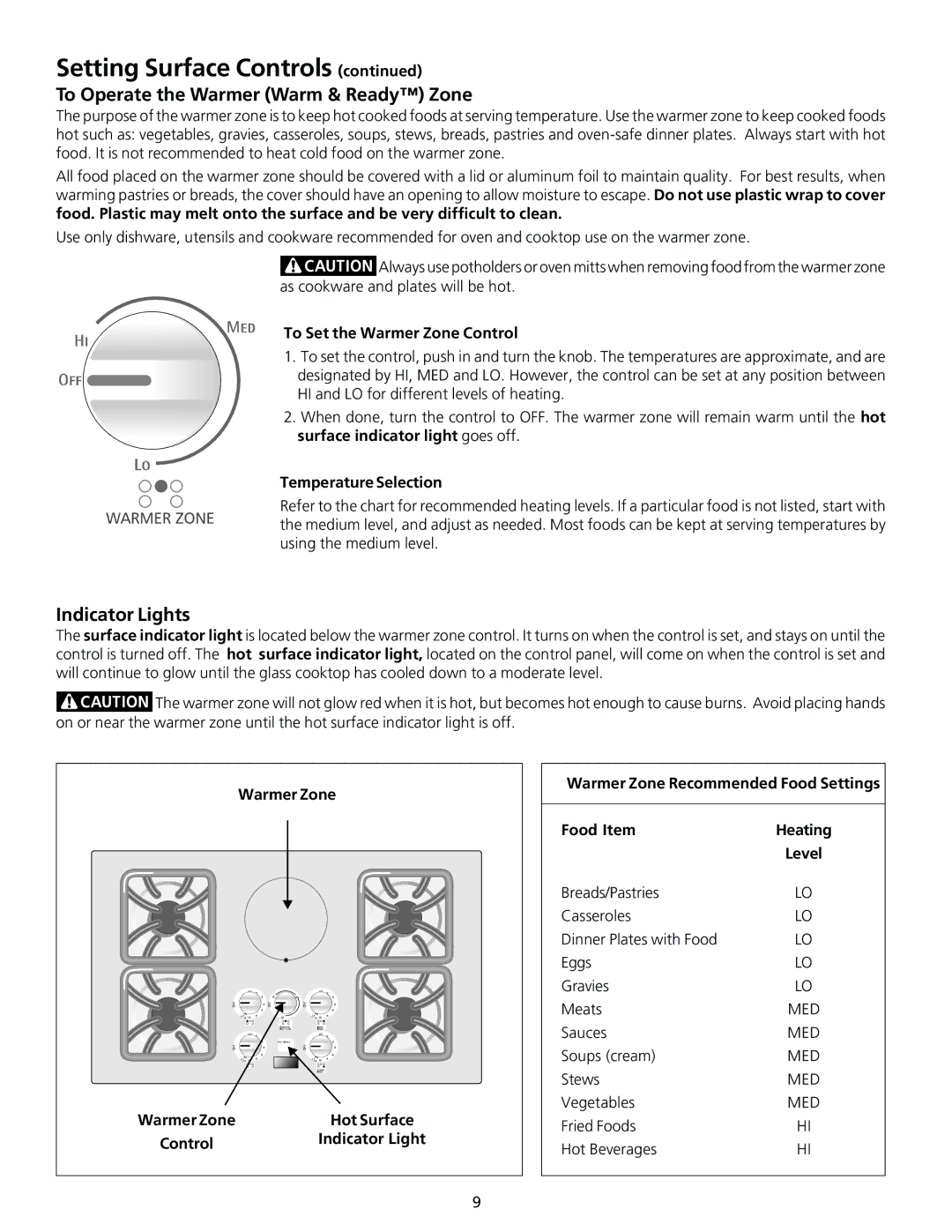 Frigidaire 318200563 To Operate the Warmer Warm & Ready Zone, Indicator Lights, To Set the Warmer Zone Control 