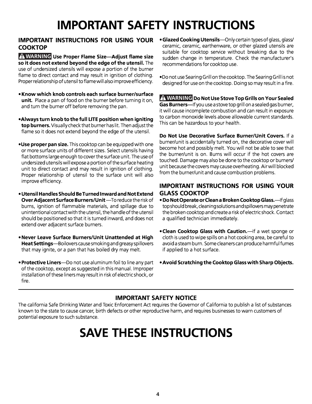 Frigidaire 318200563 Save These Instructions, Important Instructions For Using Your Cooktop, Important Safety Notice 