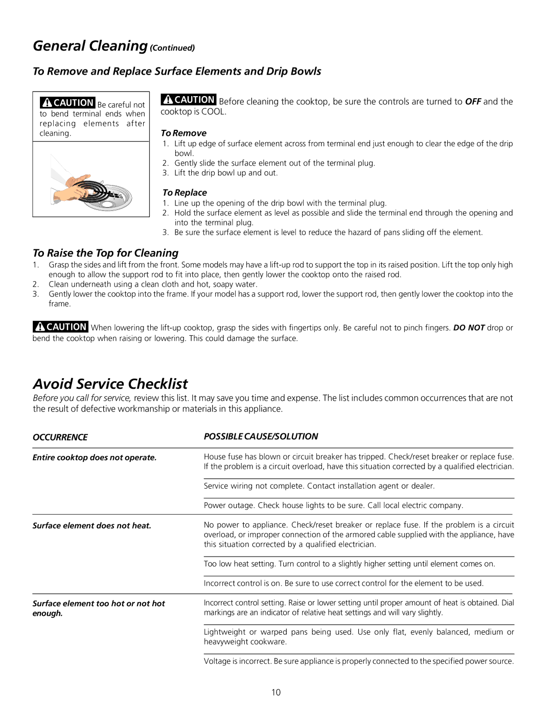 Frigidaire 318200603 Avoid Service Checklist, To Remove and Replace Surface Elements and Drip Bowls 