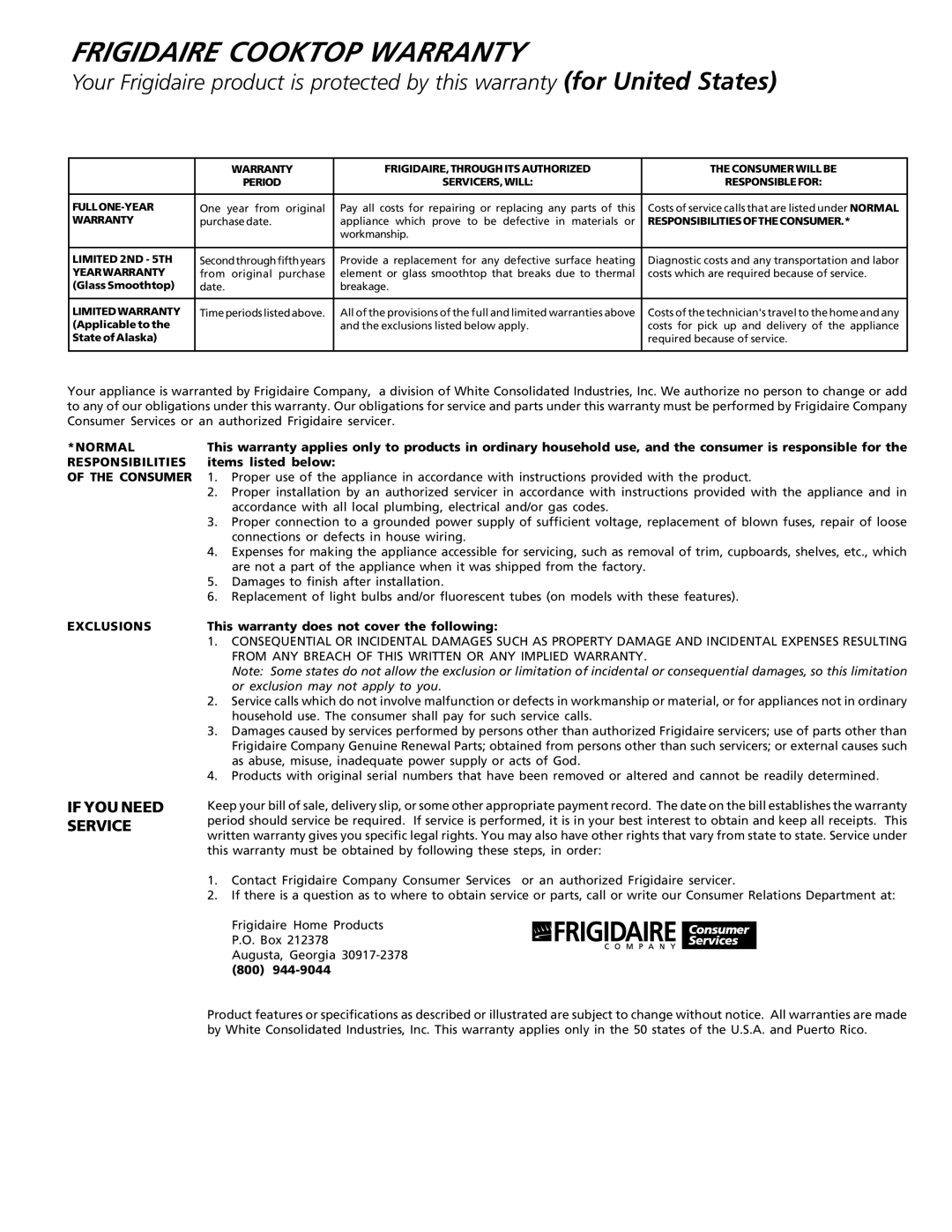 Frigidaire 318200603 important safety instructions Frigidaire Cooktop Warranty 