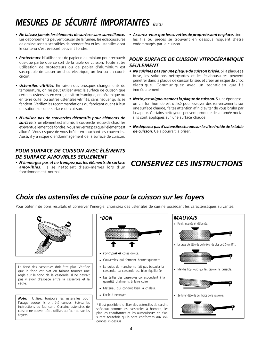 Frigidaire 318200603 important safety instructions Pour Surface DE Cuisson Vitrocéramique Seulement, Bon, Mauvais 