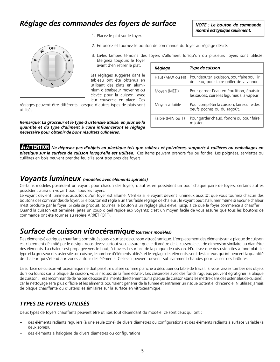 Frigidaire 318200603 Réglage des commandes des foyers de surface, Surface de cuisson vitrocéramique certains modèles 