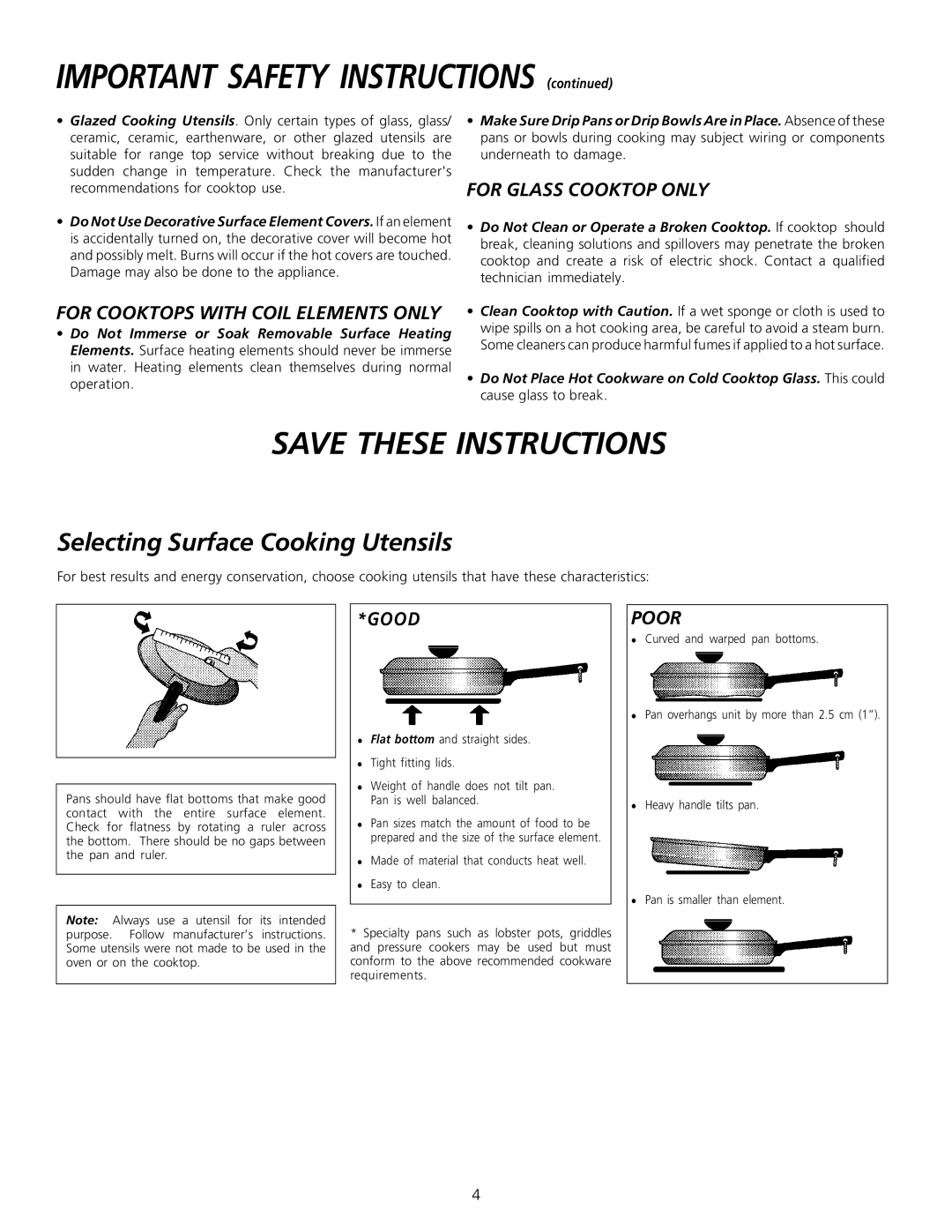 Frigidaire 318200603 important safety instructions Selecting Surface Cooking Utensils, For Glass Cooktop only, Good, Poor 