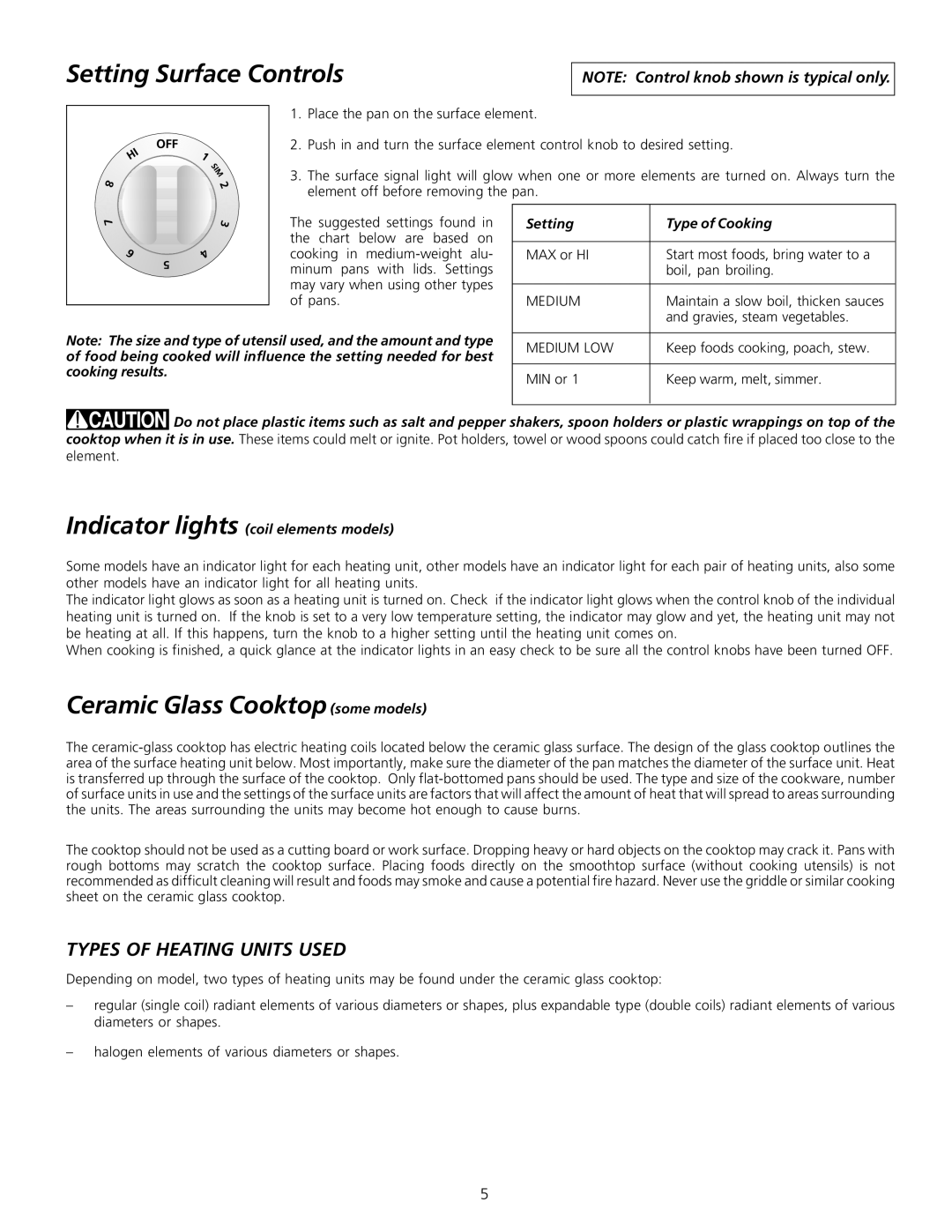 Frigidaire 318200603 Setting Surface Controls, Ceramic Glass Cooktop some models, Types of Heating Units Used 