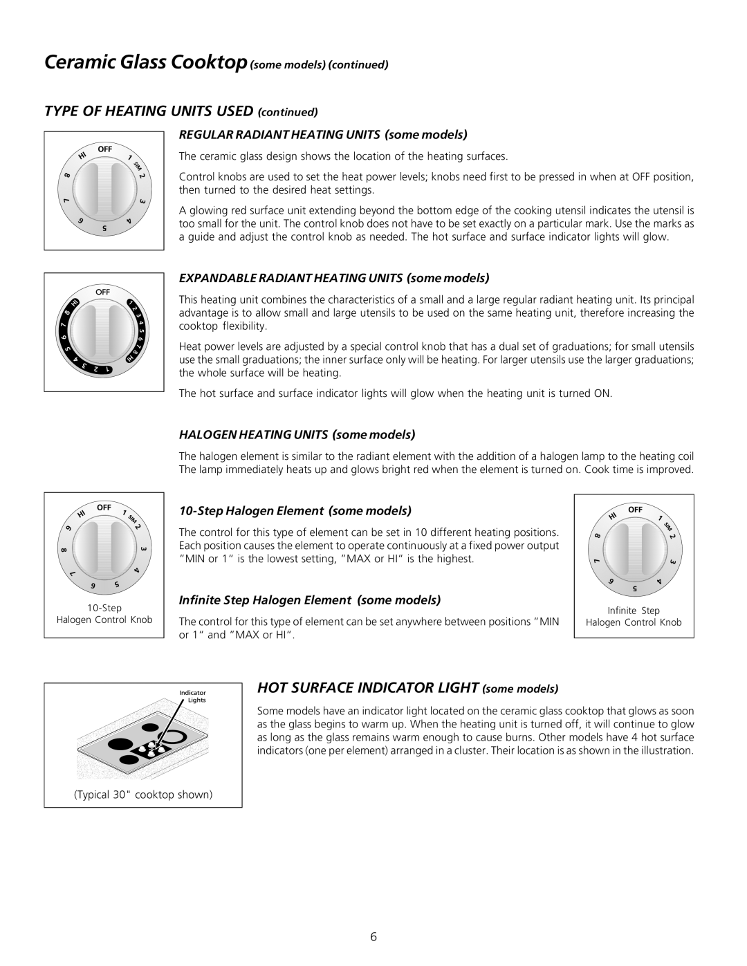 Frigidaire 318200603 important safety instructions Type of Heating Units Used, HOT Surface Indicator Light some models 