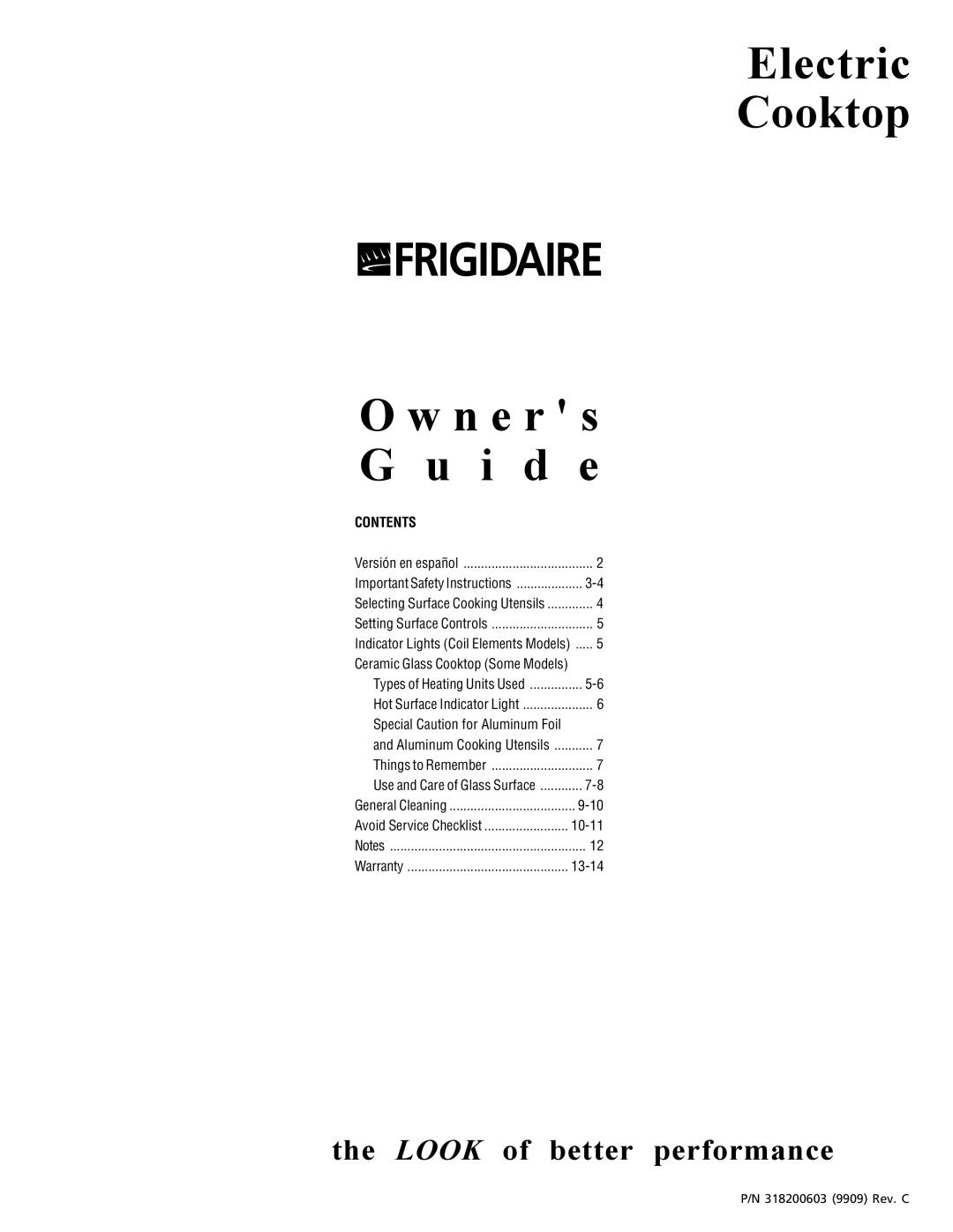 Frigidaire 318200603 important safety instructions Electric Cooktop, O w n e r s, the LOOK of better performance, 9-10 