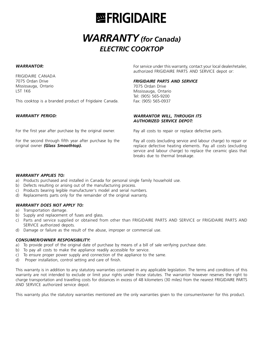 Frigidaire 318200603 WARRANTY for Canada ELECTRIC COOKTOP, Warrantor, Warranty Period, Frigidaire Parts And Service 