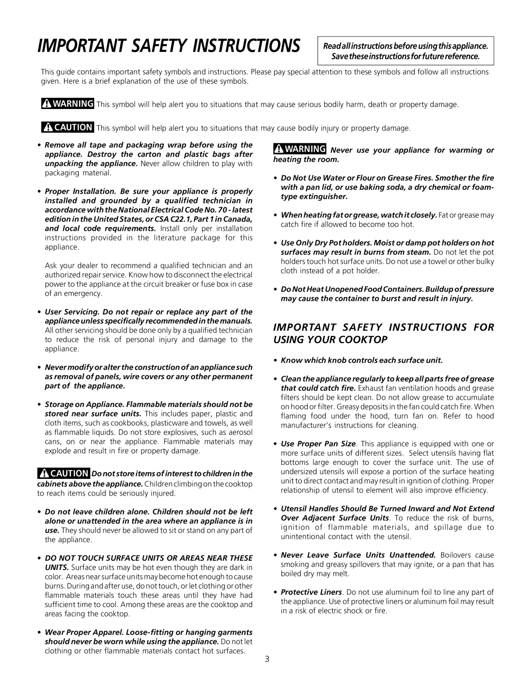 Frigidaire 318200603 Important Safety Instructions For Using Your Cooktop, Readallinstructionsbeforeusingthisappliance 