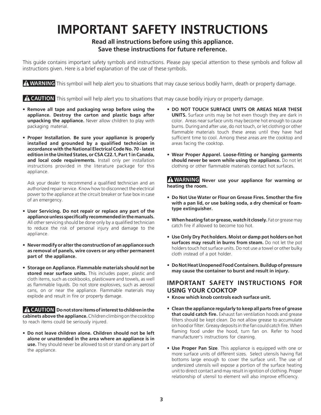 Frigidaire 318200612 important safety instructions Important Safety Instructions 