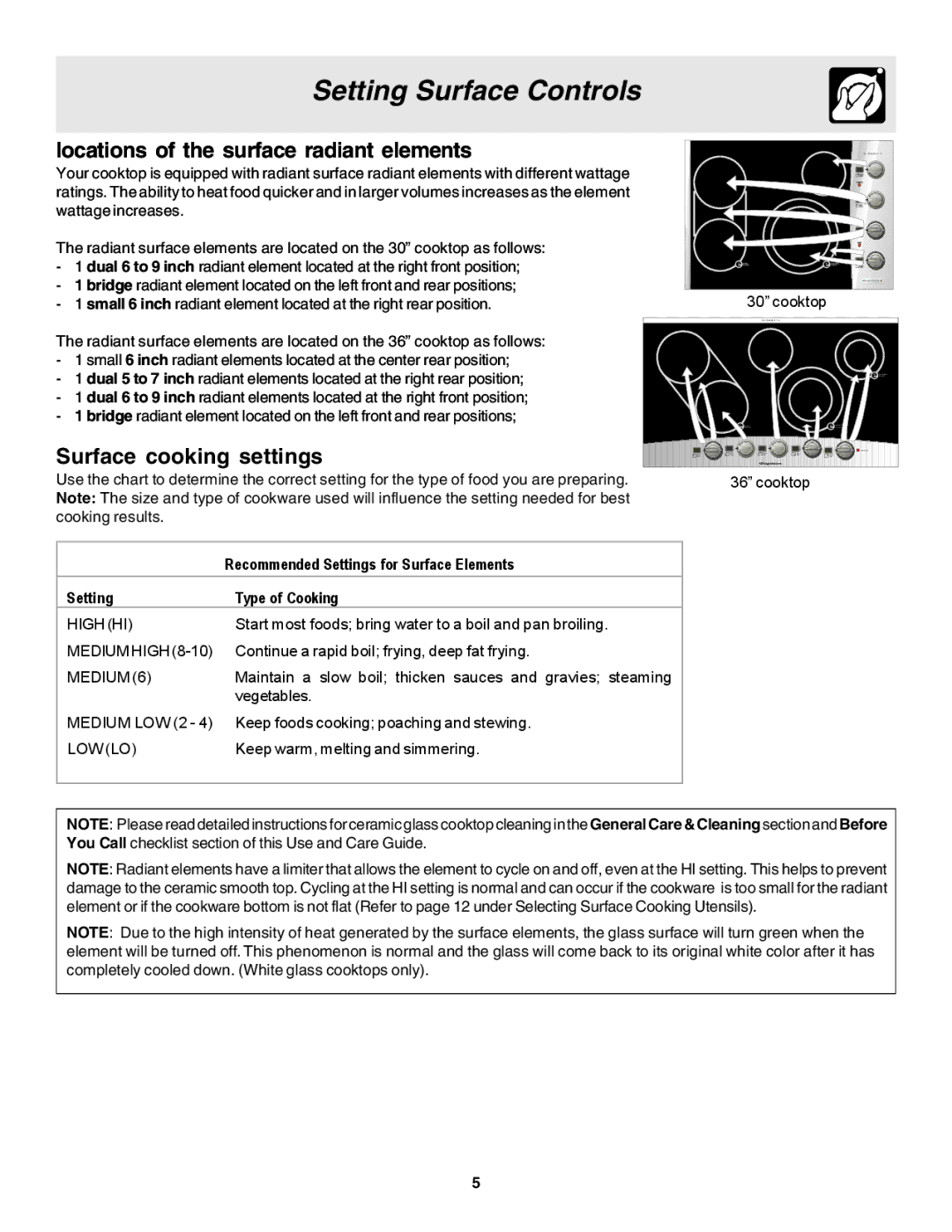 Frigidaire 318200633 warranty Locations of the surface radiant elements, Surface cooking settings 