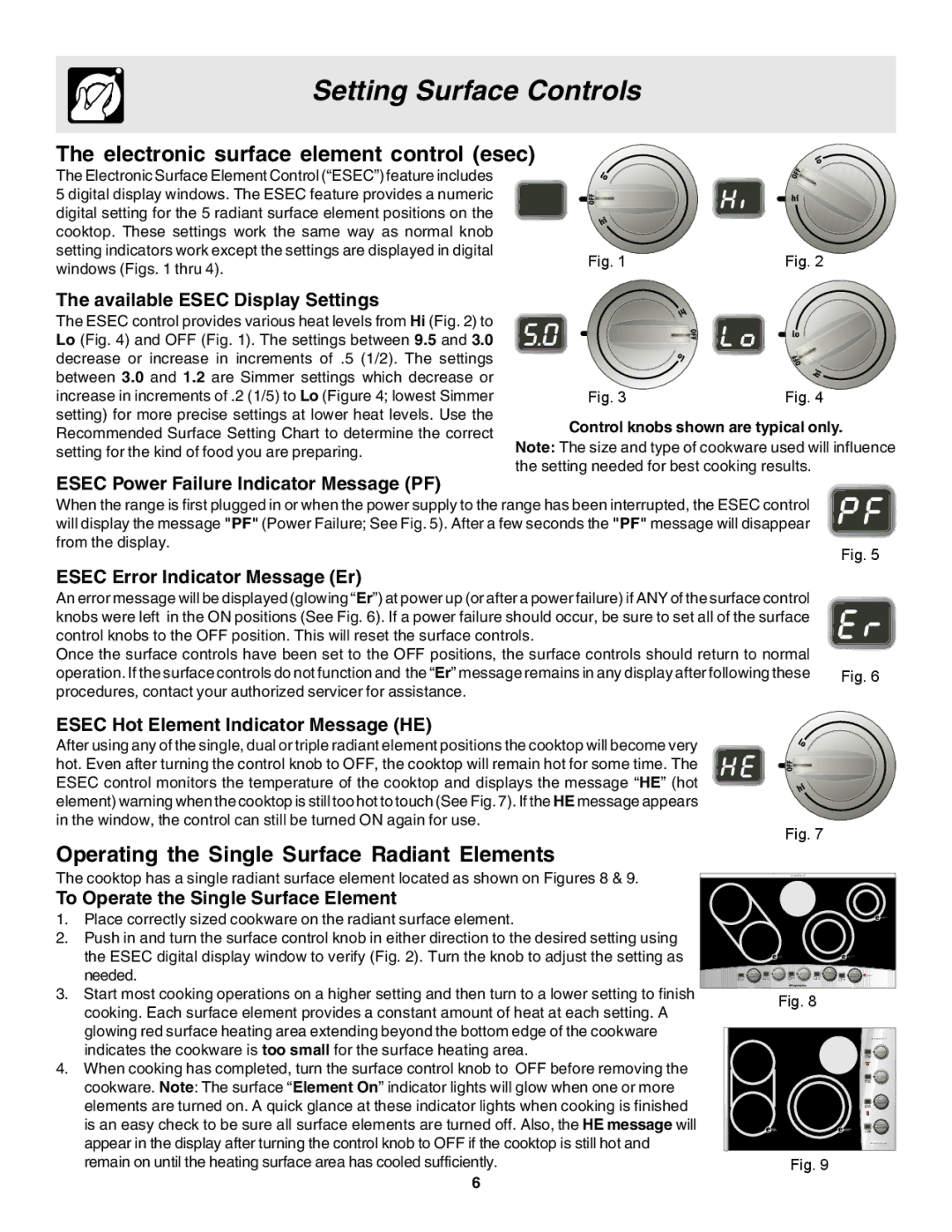 Frigidaire 318200633 warranty Electronic surface element control esec, Operating the Single Surface Radiant Elements 