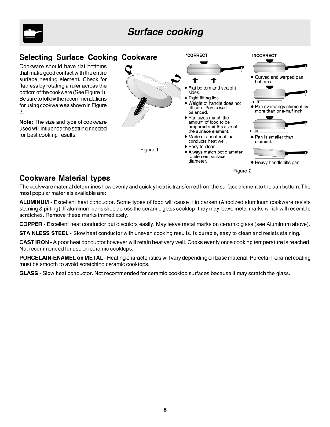 Frigidaire 318200633 warranty Surface cooking, Selecting Surface Cooking Cookware, Cookware Material types 