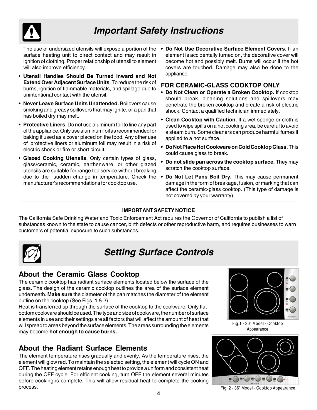 Frigidaire 318200633 warranty Setting Surface Controls, About the Ceramic Glass Cooktop, About the Radiant Surface Elements 