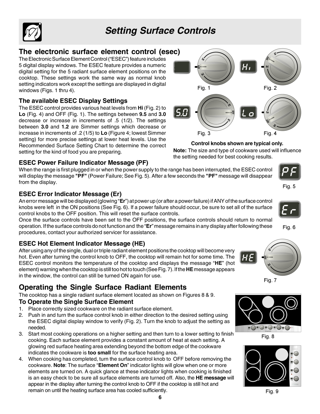 Frigidaire 318200633 warranty The electronic surface element control esec, Operating the Single Surface Radiant Elements 