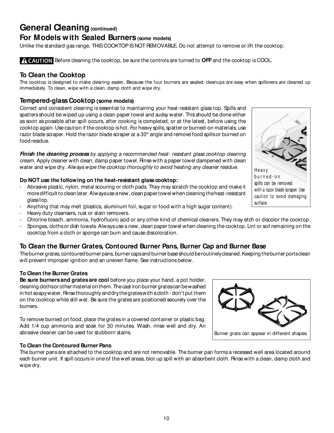 Frigidaire 318200650 manual To Clean the Cooktop, Tempered-glass Cooktop some models, To Clean the Contoured Burner Pans 