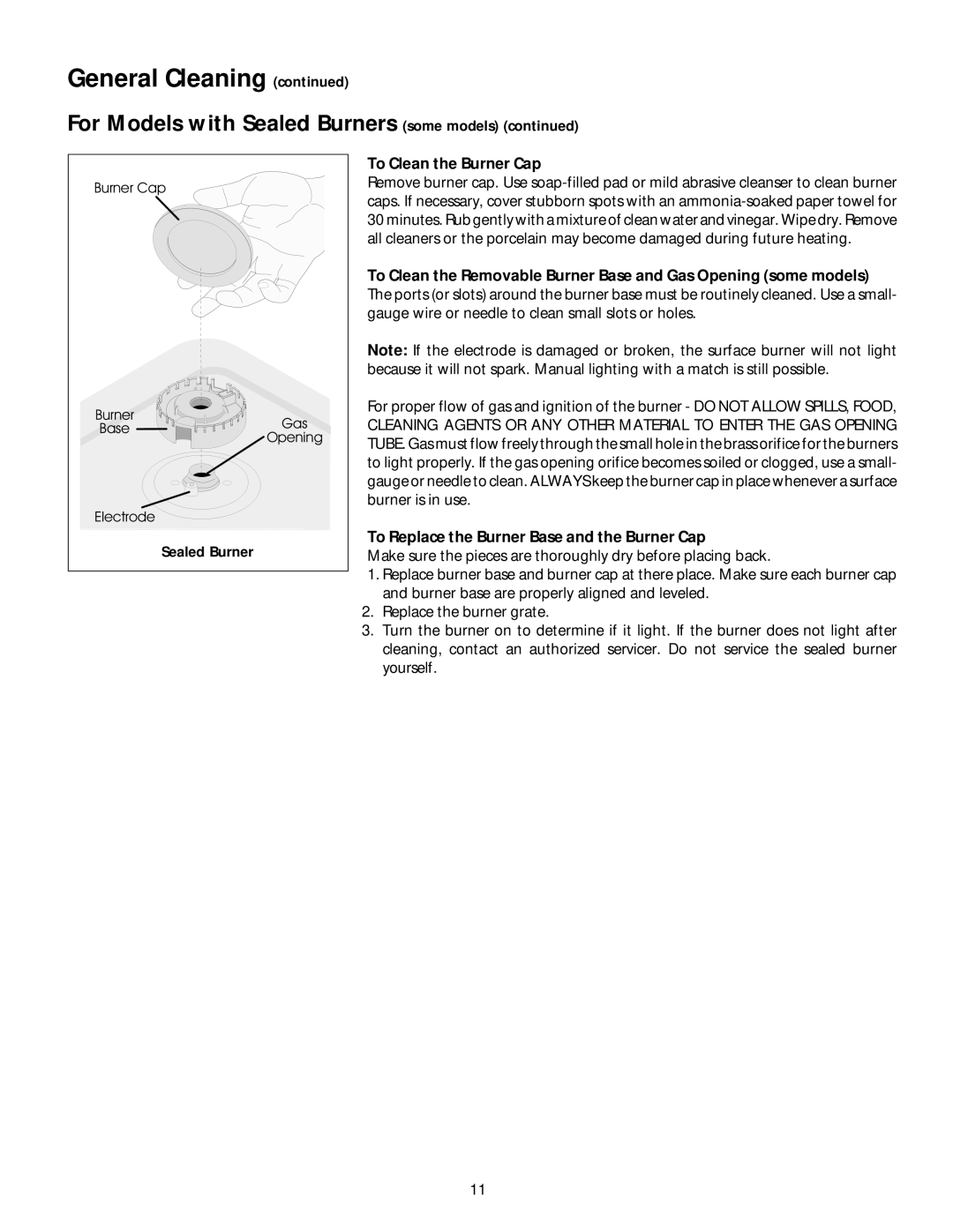 Frigidaire 318200650 manual To Clean the Burner Cap, To Replace the Burner Base and the Burner Cap 