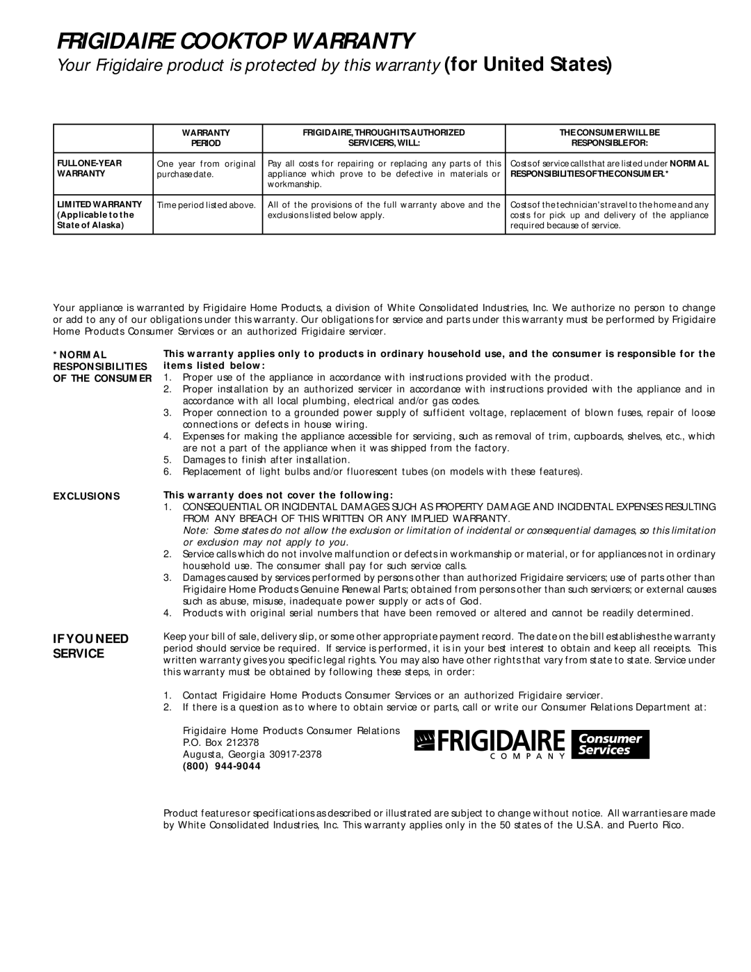 Frigidaire 318200650 manual Frigidaire Cooktop Warranty 