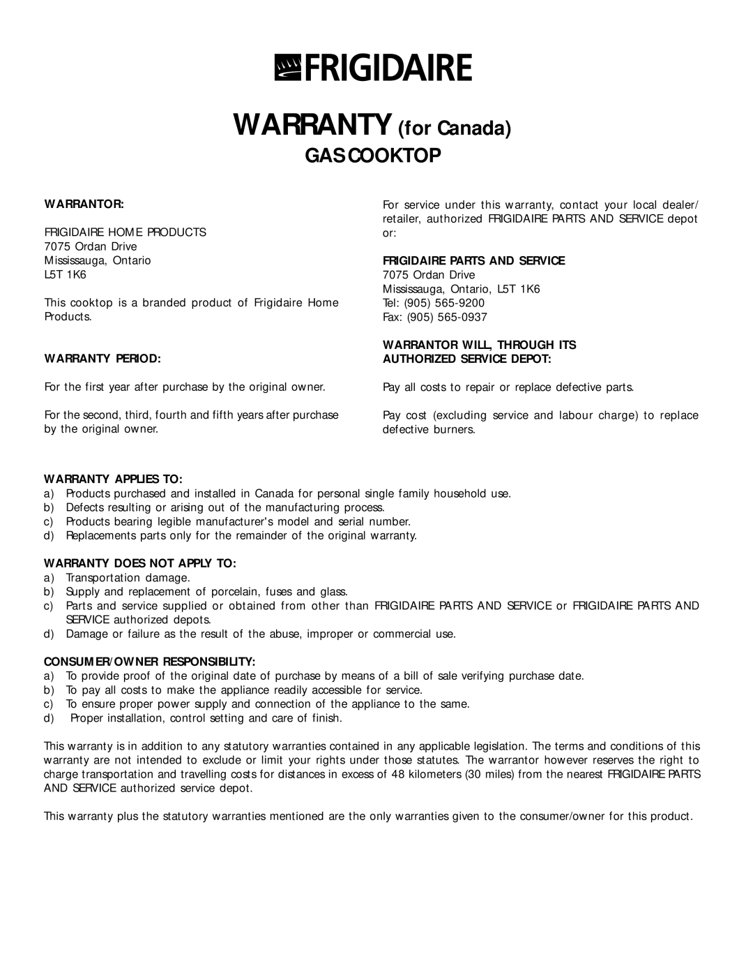 Frigidaire 318200650 manual Warranty for Canada, GAS Cooktop 