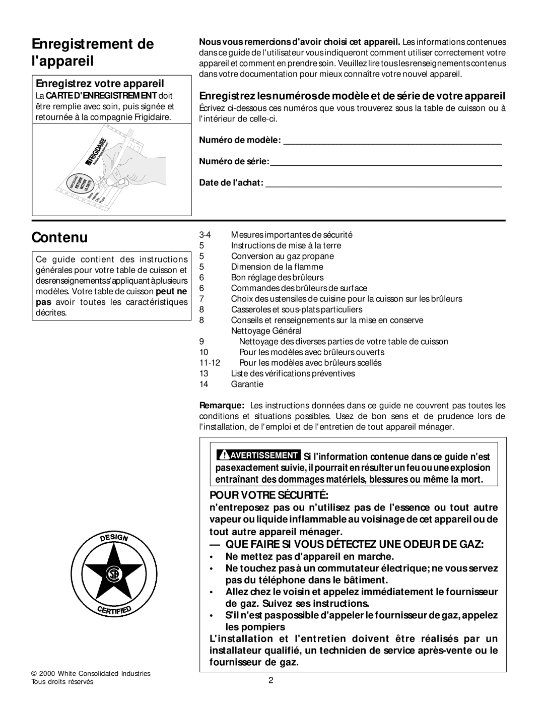 Frigidaire 318200650 manual Enregistrement de lappareil, Contenu, Enregistrez votre appareil, Pour Votre Sécurité 