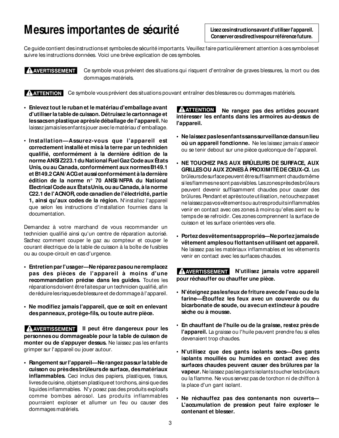 Frigidaire 318200650 manual Mesures importantes de sécurité 