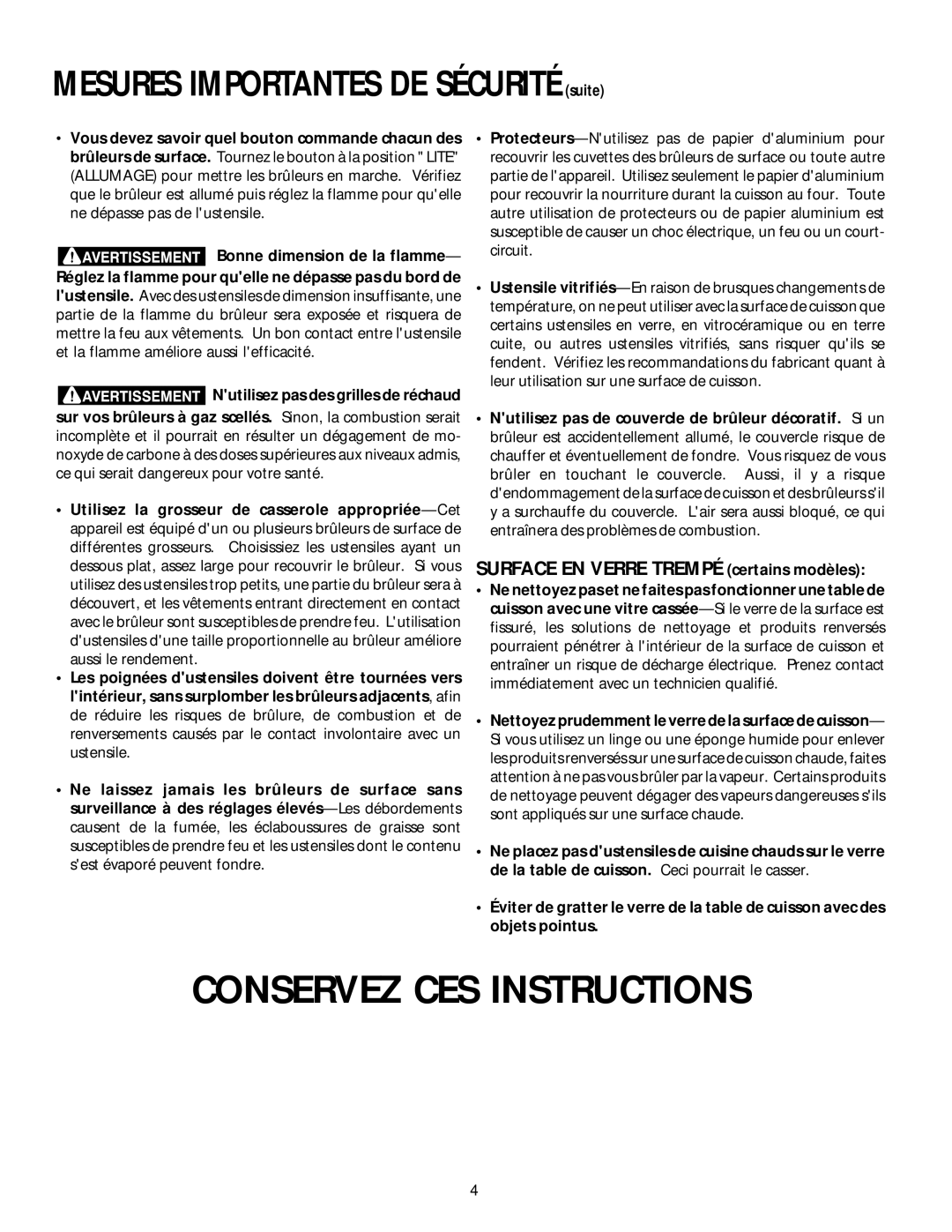 Frigidaire 318200650 manual Mesures Importantes DE Sécurité suite, Surface EN Verre Trempé certains modèles 